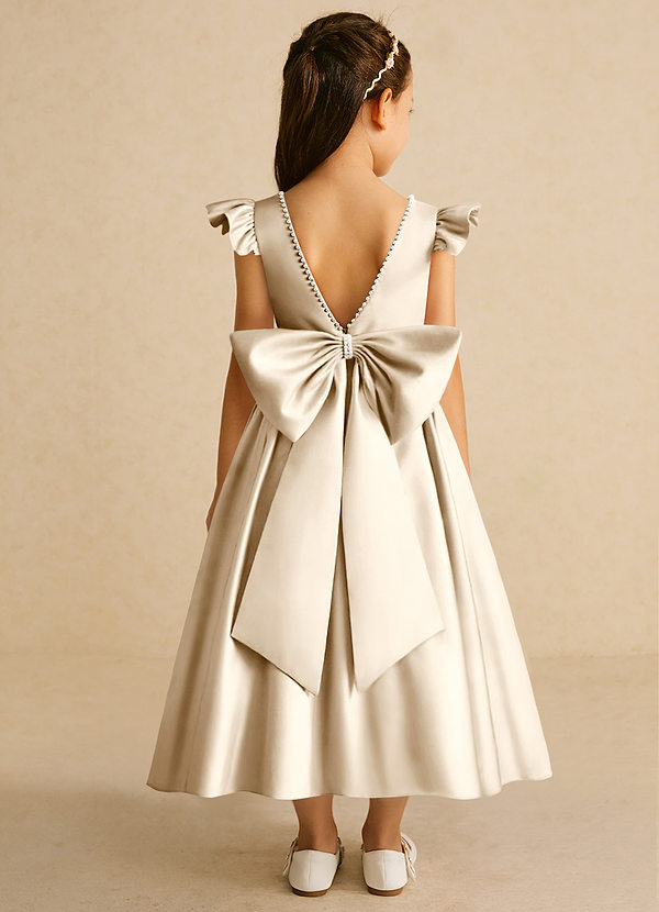 Azazie Dumpling Flower Girl Dresses Champagne A-Line Bow Matte Satin Dress image1