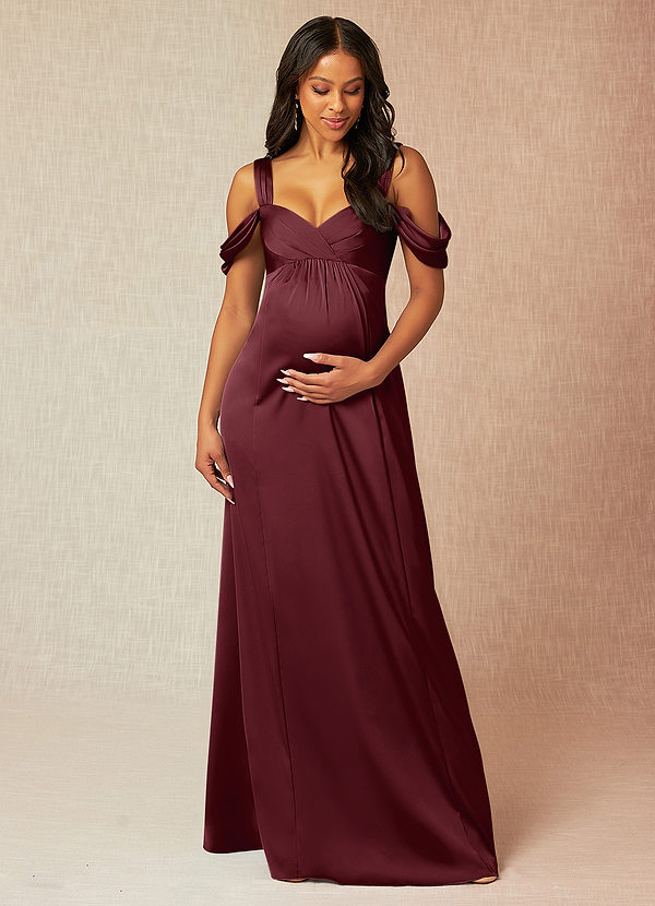 Azazie Rhea Brautjungfernkleider für Schwangere A-Linie Schulternfrei Gefaltet Stretch-Satin Bodenlänge Kleid image1