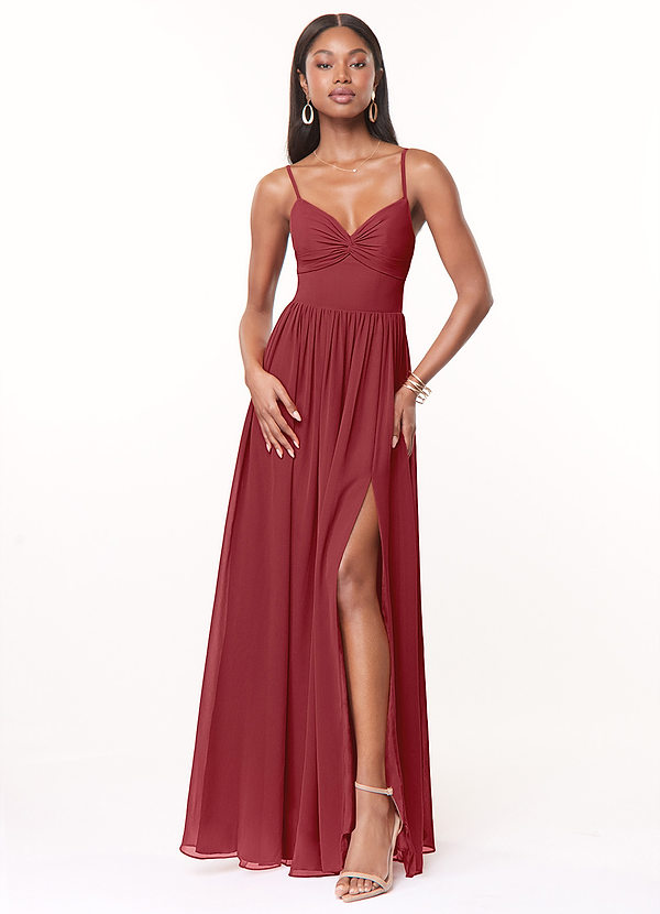 Azazie Zeya Bridesmaid Dresses Pomegranate A-Line V-Neck Pleated Chiffon Dress image1