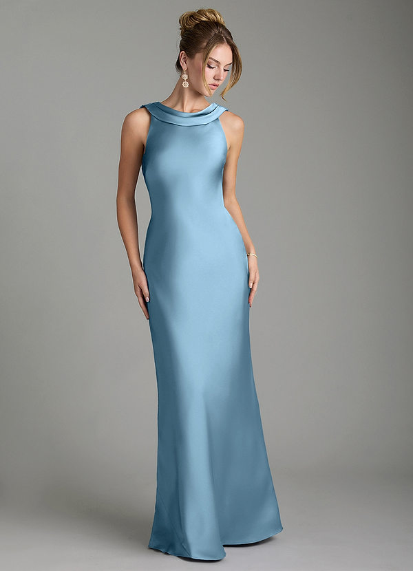 Azazie Aussie Bridesmaid Dresses Steel Blue Sheath Pleated Stretch Satin Dress image1