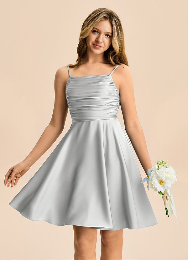 Azazie Miko Junior Silver A-Line Pleated Stretch Satin Dress image1