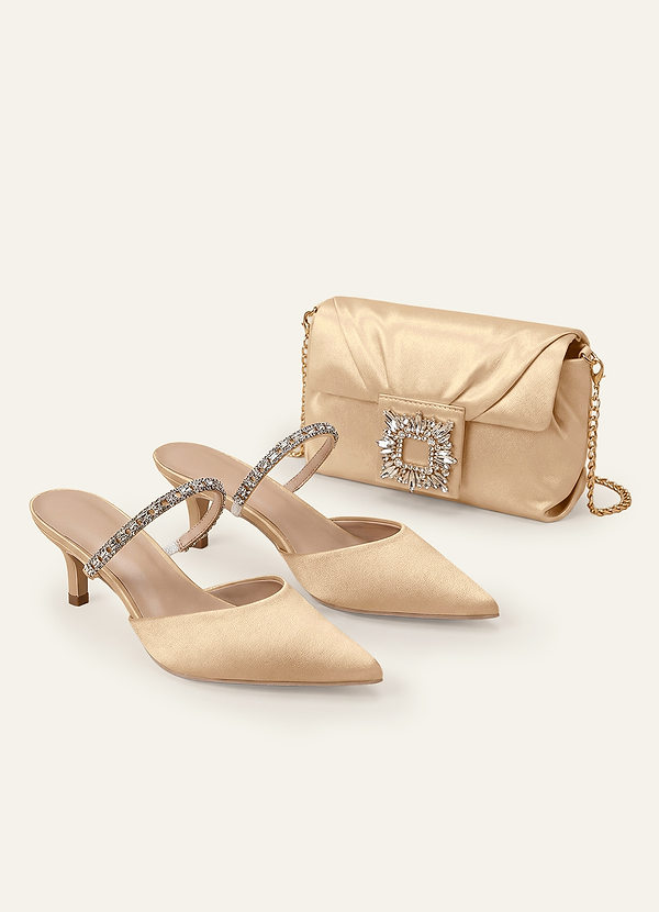front Matching Color Stretch Satin Rhinestone Slip-on Kitten Heels & Clutch Set