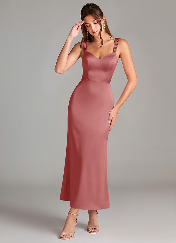 Azazie Denice Bridesmaid Dresses Antique Rose Sheath Pleated Stretch Satin Dress image1