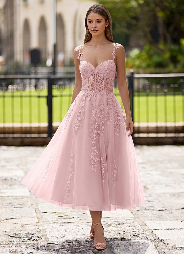 Zosia Blushing Pink Lace A-line Lace Up Back Midi Dress image1
