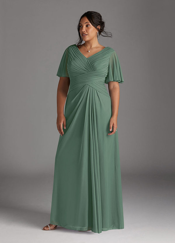 Azazie Emmeline Mother of the Brides Dresses Eucalyptus A-Line V-Neck Pleated Mesh Dress image1