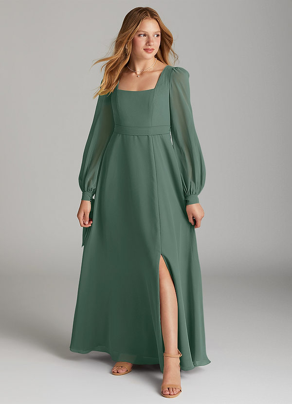 Azazie Leonia Junior Sea Moss A-Line with Pockets Chiffon Dress image1