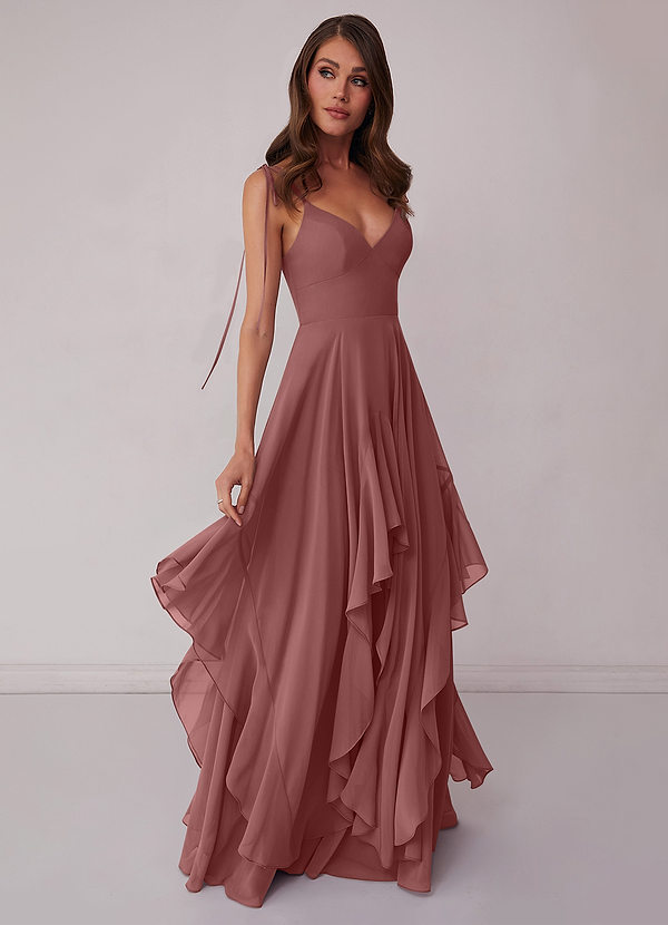 Barbie ♥ Azazie Robes Demoiselle d'honneur Robe trapèze à plusieurs niveaux en mousseline à col en V image1