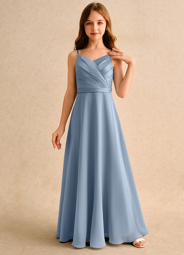 Azazie Umina Girls Formal Bloemenmeisjes Jurken A-Lijn Jurk van Mat Satijn Geplooid Stoffig Blauw image1