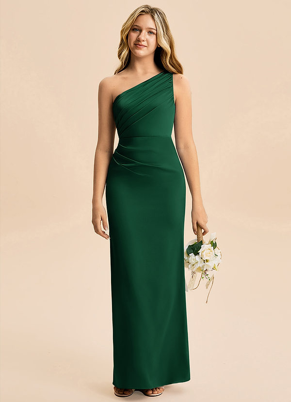 Azazie Akilah Junior Jurk van Stretch Satijn met Kolom Geplooid Donkergroen image1