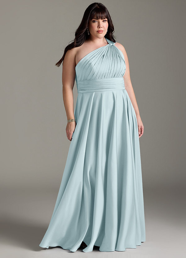 Azazie Charlize Brautjungfernkleider A-Linie One-Shoulder Stretch-Satin Kleid Nebel image1