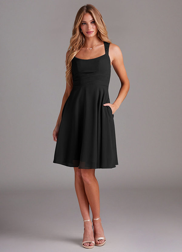 Azazie Vina Bridesmaid Dresses Black A-Line Lace Chiffon Dress image1