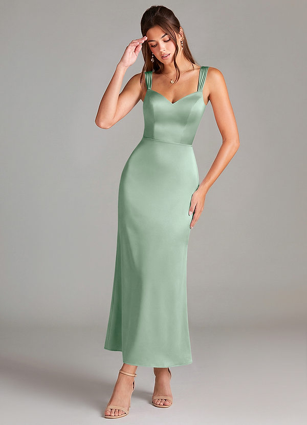 Azazie Denice 신부 들러리 드레스 쉬스 주름진 스트레치 새틴 발목 길이 드레스 image1