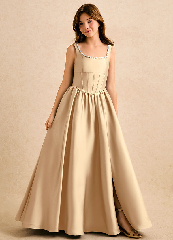 Azazie Enid Girls Formal Vestidos de arras Vestido Champán de Satén Elástico de Corte en A con Con pedrería image1