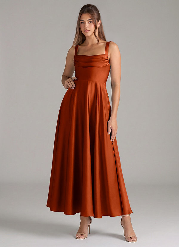 Azazie Shaude Robes Demoiselle d'honneur Robe Trapèze en Satin extensible Plissée Paprika image1