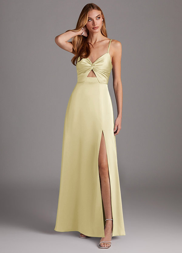 Azazie Jenna Robes Demoiselle d'honneur Robe Trapèze en Satin extensible Plissée Sorbet Citron image1