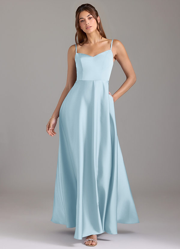 Azazie Marley 신부 들러리 드레스 A라인 오프 더 숄더 스트레치 새틴 바닥 길이 드레스 image1