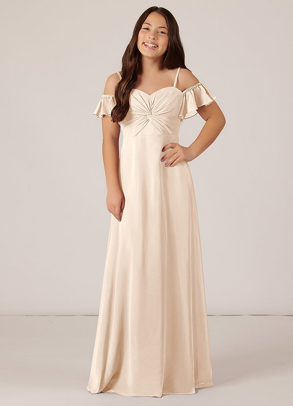 Azazie Juna Junior Robe Trapèze en Mousseline de soie Épaule décolletée Albâtre Blanc image1