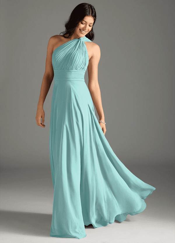 Azazie Charlize Vestido Invitada Boda Vestido de Aqua de Gasa de Corte en A con Hombro unilateral image1