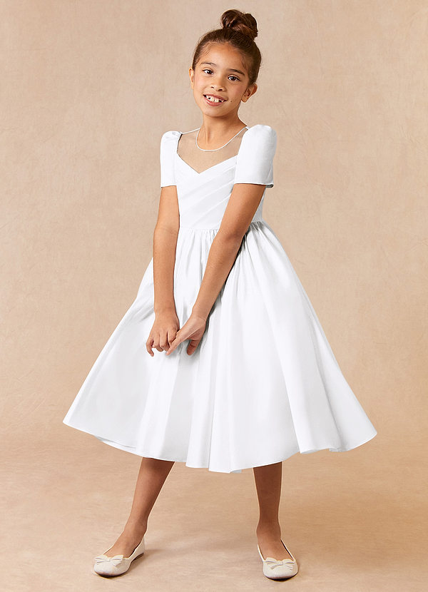 Azazie Anirra Flower Girl Dresses White Ball-Gown Pleated Matte Satin Dress image1