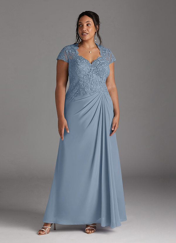 Azazie Junie Robe Mère de la Mariée & du Marié Robe Trapèze en Mousseline de soie Dentelle Bleu Poussiéreux image1
