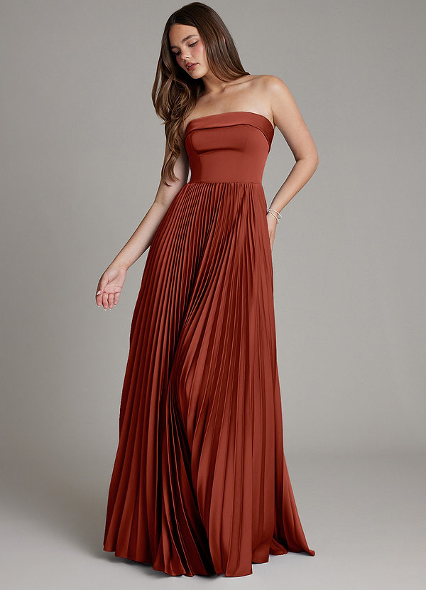 Azazie Mariana Robes Demoiselle d'honneur Robe Trapèze en Satin extensible Plissée Terracotta image1