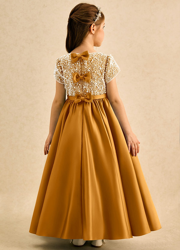 Azazie Cashew Flower Girl Dresses Butterscotch Ball-Gown with Sleeves Matte Satin Dress image1