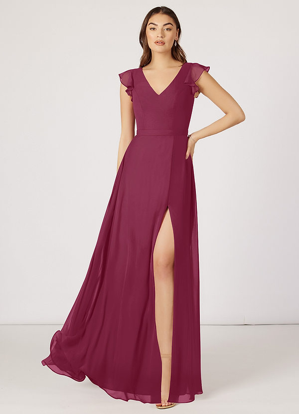 Azazie Claudine Bridesmaid Dresses A-Line Flutter Sleeve Chiffon Floor-Length Dress image1
