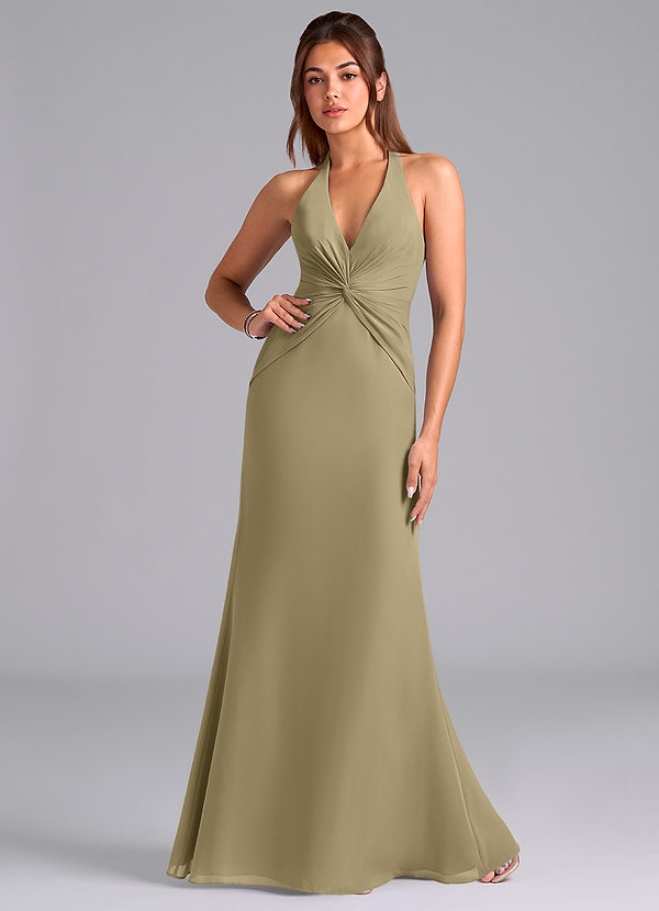 Azazie Valerie Vestidos Dama de Honor Vestido de Musgo Verde de Gasa de Corte Sirena con Plisado image1