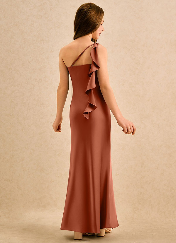 Azazie Almond Girls Formal Robes de Fillette d'Honneur Robe Fourreau en Satin extensible Une épaule Rose De Cèdre image1