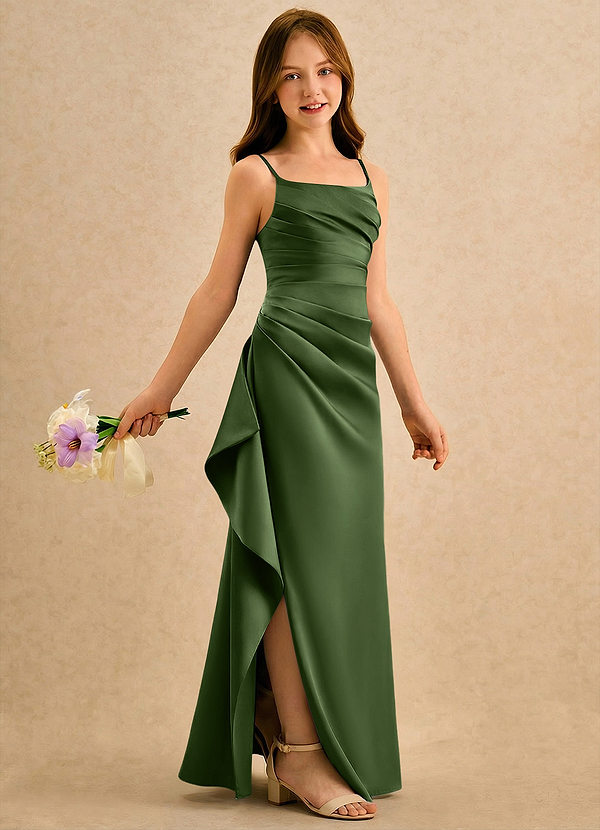 Azazie Cannoli Girls Formal Robes de Fillette d'Honneur Robe Trapèze en Mat Satiné Plissée Olive image1