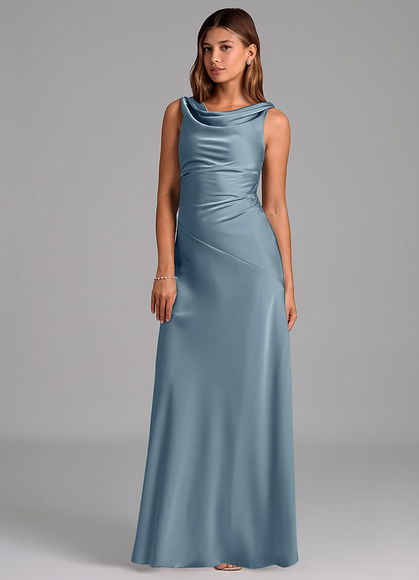 Azazie Nerine Bridesmaid Dresses Dusty Blue A-Line Pleated Stretch Satin Dress image1