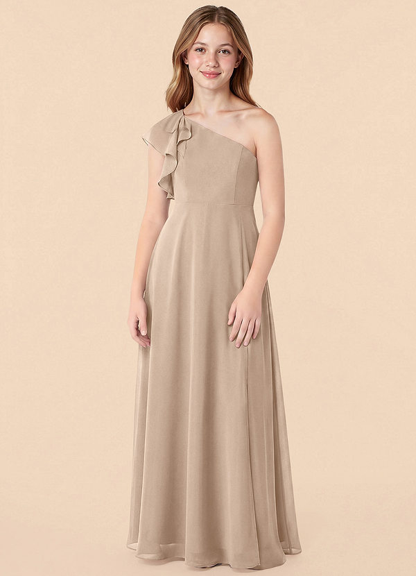Azazie Arabella Junior Taupe A-Line Ruched Chiffon Dress image1
