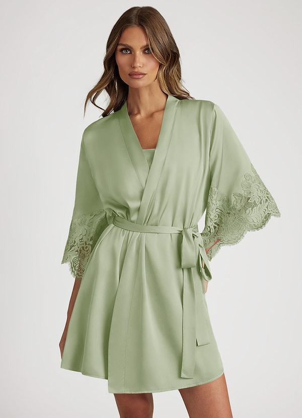 front Dusty Sage Satin Lace Trim Sleeve Robe