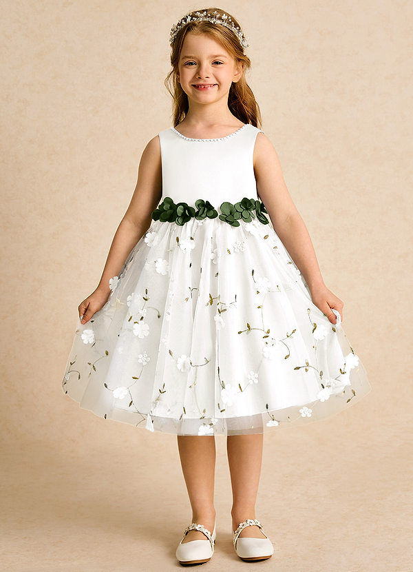 Azazie Starri Flower Girl Dresses Ivory Olive Ball-Gown Beaded Matte Satin Dress image1