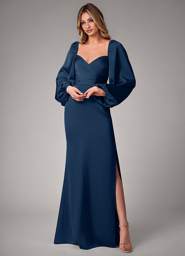 Azazie Sonata Bridesmaid Dresses Dark Navy Sheath Long Sleeve Stretch Satin Convertible Dress image1