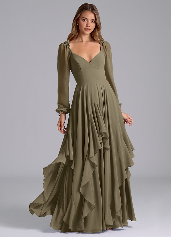 Azazie Karan Bridesmaid Dresses Willow Green A-Line Long Sleeve Chiffon Dress image1