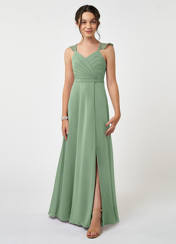 Azazie Emily Junior Robe Trapèze en Mousseline de soie Rayé Matcha image1