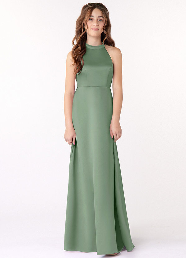 Azazie Laurel Junior A-Linie Matte Satin Kleid Matcha image1