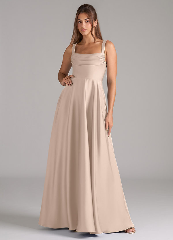Azazie Shaude 브라이즈메이드 드레스 에이라인 플리츠 스트레치 새틴 바닥 길이 드레스 image1