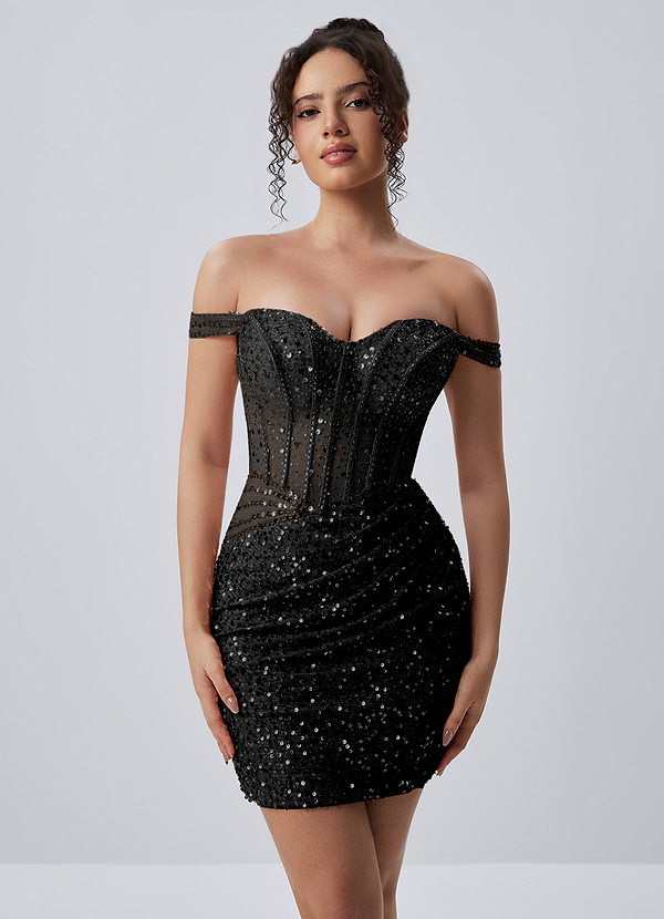 Valentinella Black Corset Sequin Embroidery Beading Mesh Mini Dress image1