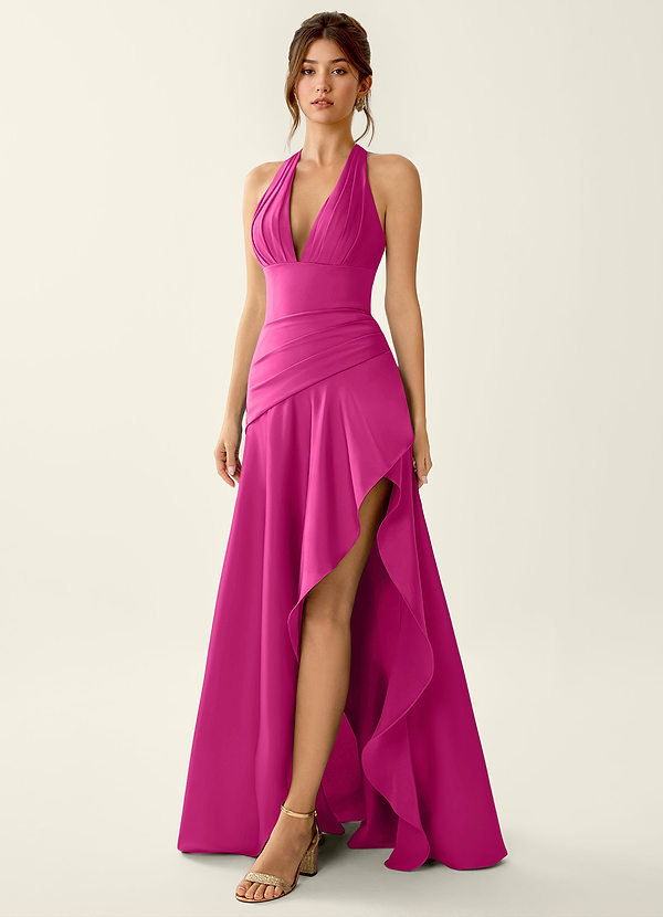 Titania Rosa Caliente Vestido de fiesta de satén con escote en V y volantes image1