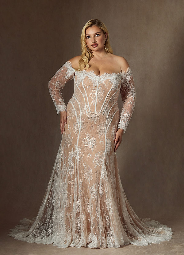 Azazie Katherine Wedding Dresses Diamond White Caramel Mermaid Off the Shoulder Tulle Dress image1
