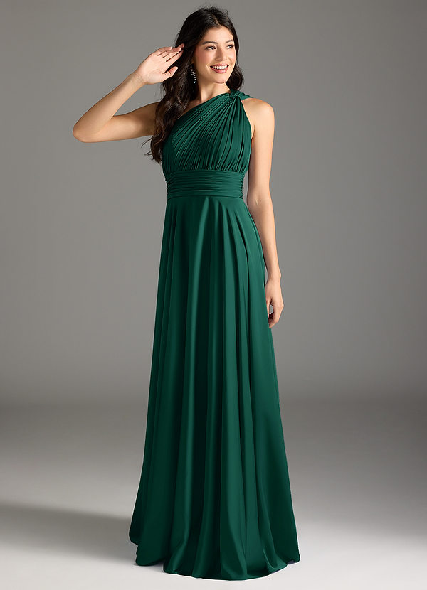 Azazie Charlize Bridesmaid Dresses Emerald A-Line One Shoulder Stretch Satin Dress image1