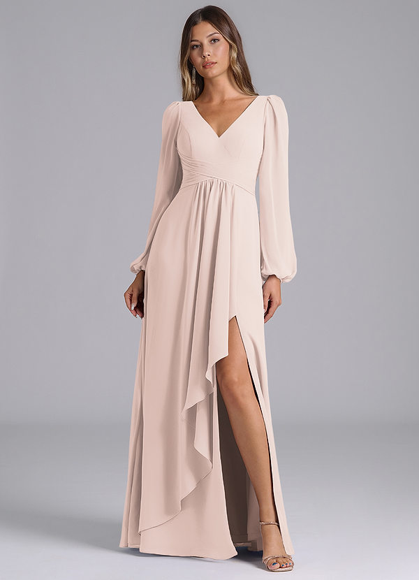 Azazie Omari Bridesmaid Dresses Rose Petal A-Line Long Sleeve Chiffon Dress image1