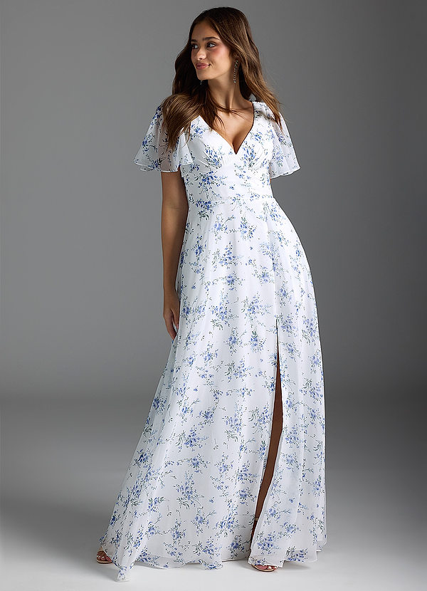 Azazie Kimber Bridesmaid Dresses Blue Cottage Floral A-Line Flounce Sleeve Chiffon Dress image1