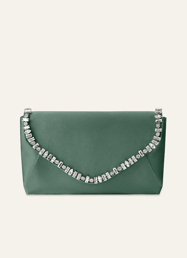 front Pochette de soirée en satin avec bordure en cristal assortie et bandoulière chaîne.
