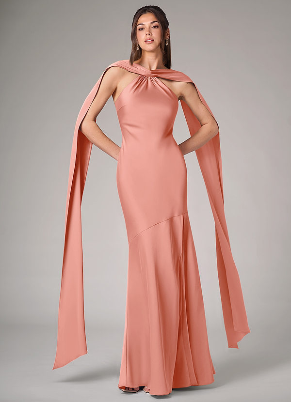 Azazie Kinsley Bruidsmeisjes Jurken Jurk van Stretch Satijn met Zeemeermin Zijsplit Koraal image1