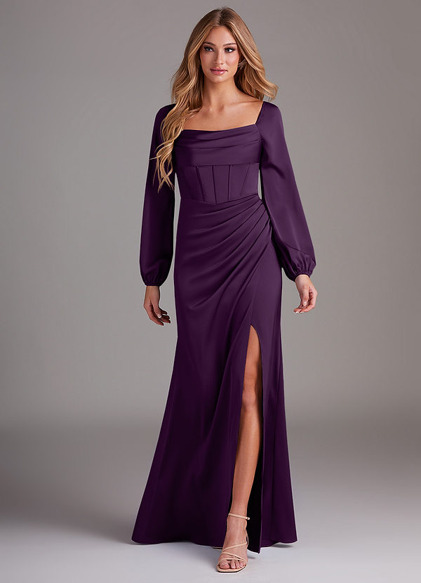 Azazie Charissa Brautjungfernkleider Etui Langarm Stretch-Satin Kleid Traube image1