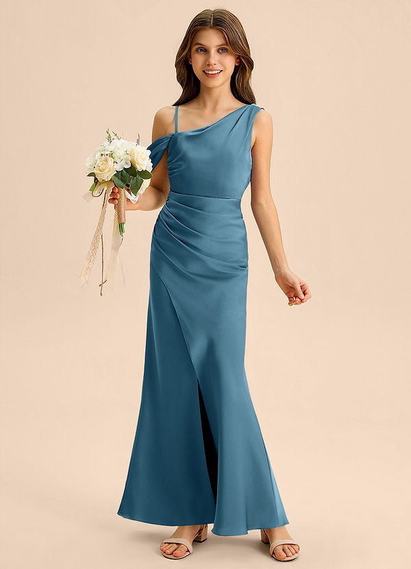 Azazie Madelyn Junior Bermuda Sheath Off the Shoulder Stretch Satin Dress image1