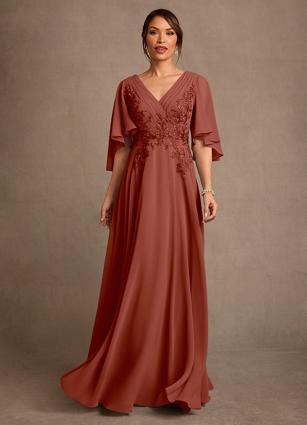 Azazie Tilda Mother of the Bride Dresses Vestido Castanho Aloirado de Chiffon de Linha A com Renda image1